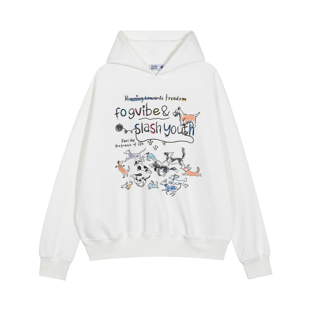 Style Men's Hoodie with Cartoon Dog Print, Casual Loose Fit Sweatshirt Outerwear Top