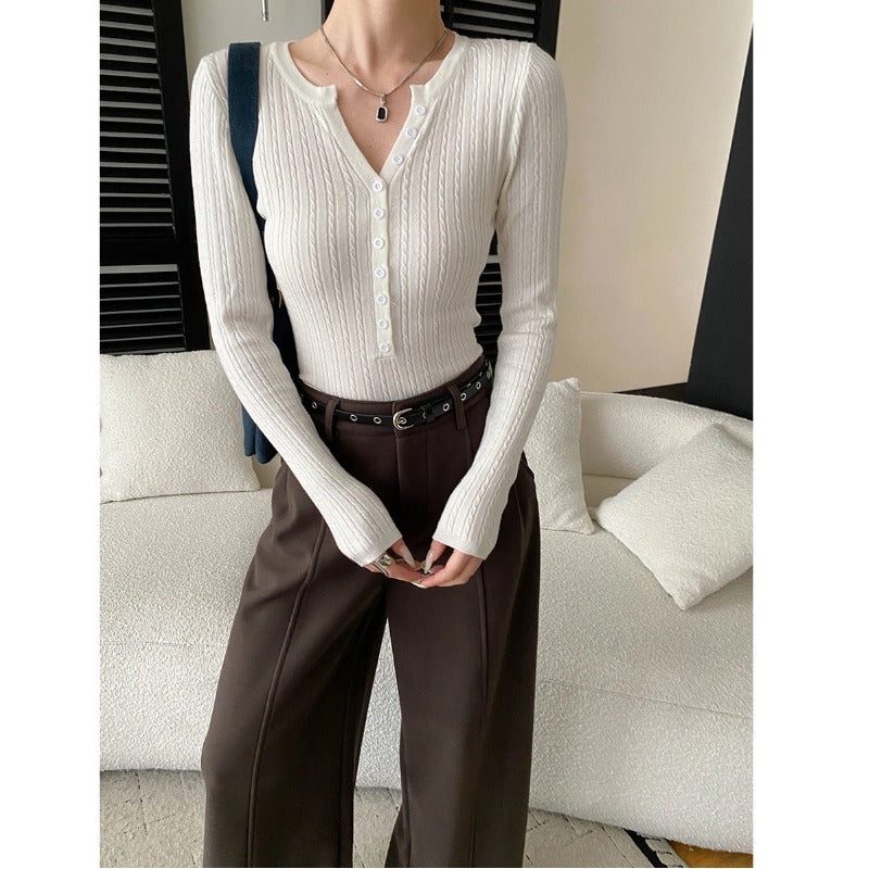 Southern Compass Old Money Style Textured Button-Down V-Neck Henley Knit Sweater Base Layer