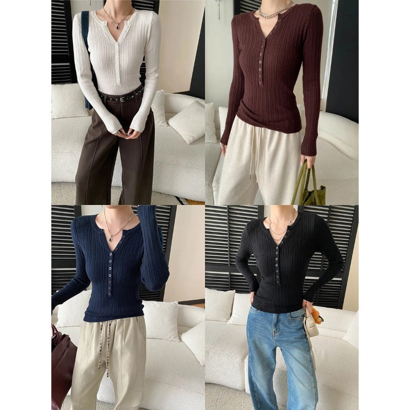 Southern Compass Old Money Style Textured Button-Down V-Neck Henley Knit Sweater Base Layer