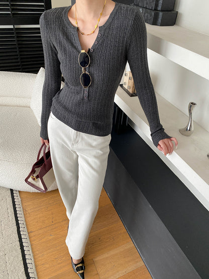 Southern Compass Old Money Style Textured Button-Down V-Neck Henley Knit Sweater Base Layer