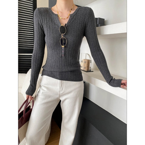 Southern Compass Old Money Style Textured Button-Down V-Neck Henley Knit Sweater Base Layer