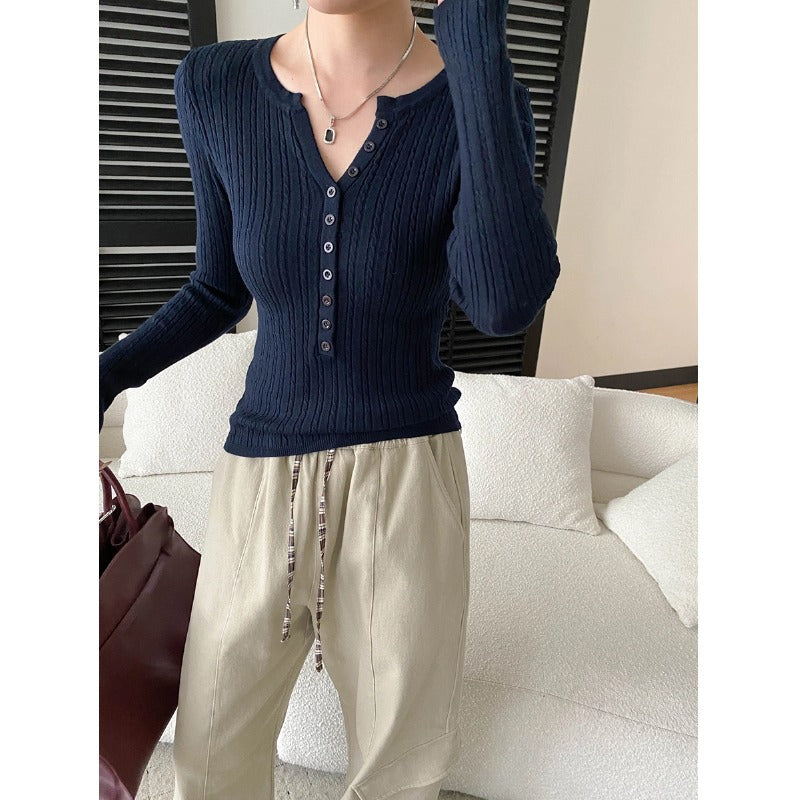 Southern Compass Old Money Style Textured Button-Down V-Neck Henley Knit Sweater Base Layer