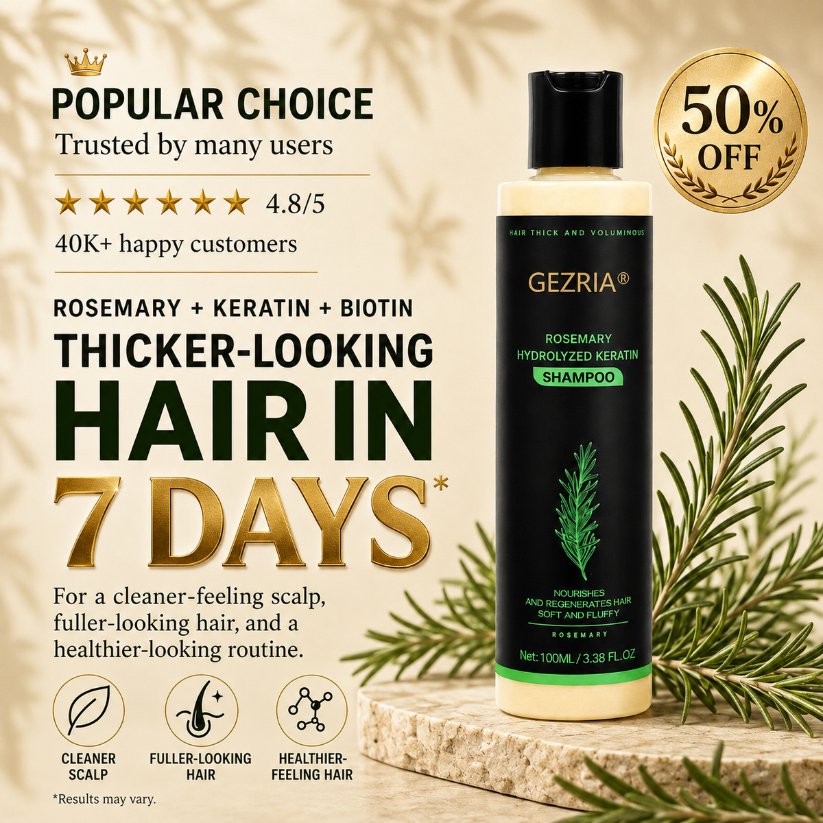 🏆🌿LAST DAY 50% OFF——GEZRIA® Official -Size Rosemary Keratin Scalp Shampoo| Full-size scalp care for thicker-looking, stronger-feeling hair