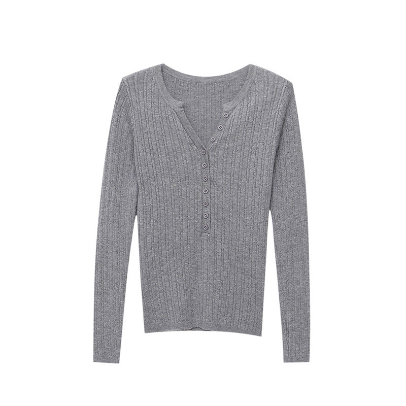 Southern Compass Old Money Style Textured Button-Down V-Neck Henley Knit Sweater Base Layer