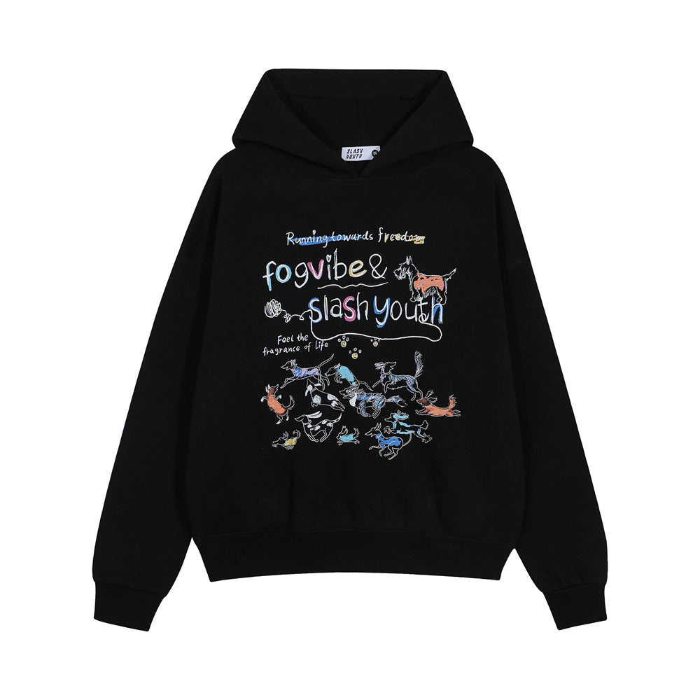 Style Men's Hoodie with Cartoon Dog Print, Casual Loose Fit Sweatshirt Outerwear Top