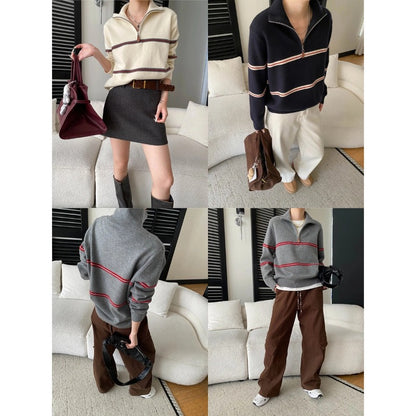 Smart Casual Color-Blocking Stripe Half-Zip Polo Neck Knit Sweater