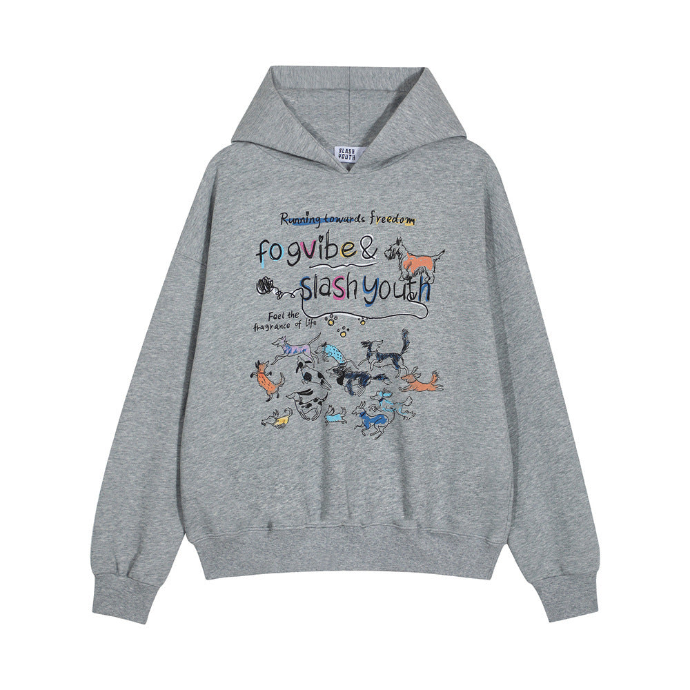 Style Men's Hoodie with Cartoon Dog Print, Casual Loose Fit Sweatshirt Outerwear Top