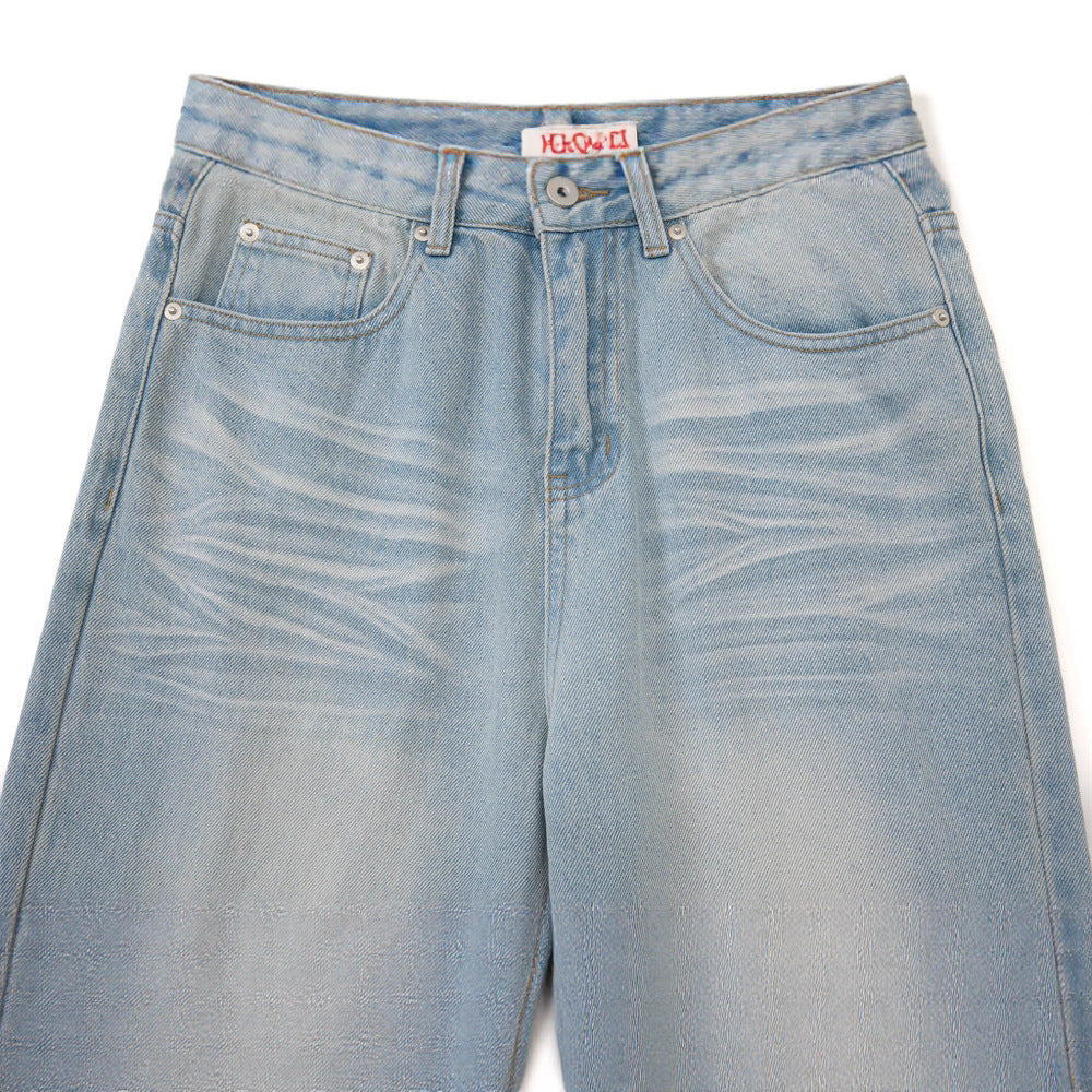 Street Style Men's Straight Leg Jeans with Faded and Catwhisker Wash, Loose Fit, Trendy Casual Denim Pants