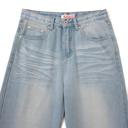 Street Style Men's Straight Leg Jeans with Faded and Catwhisker Wash, Loose Fit, Trendy Casual Denim Pants