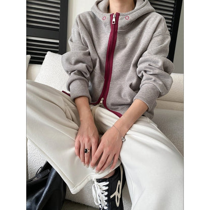 Style Casual Fashion High-End Color-Blocking Zipper Fleece Lined Hoodie Sweatshirt Jacket
