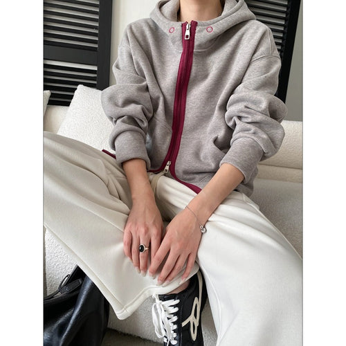 Style Casual Fashion High-End Color-Blocking Zipper Fleece Lined Hoodie Sweatshirt Jacket