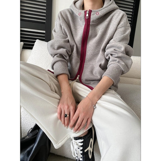 Style Casual Fashion High-End Color-Blocking Zipper Fleece Lined Hoodie Sweatshirt Jacket