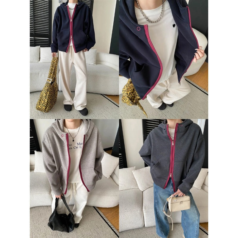 Style Casual Fashion High-End Color-Blocking Zipper Fleece Lined Hoodie Sweatshirt Jacket