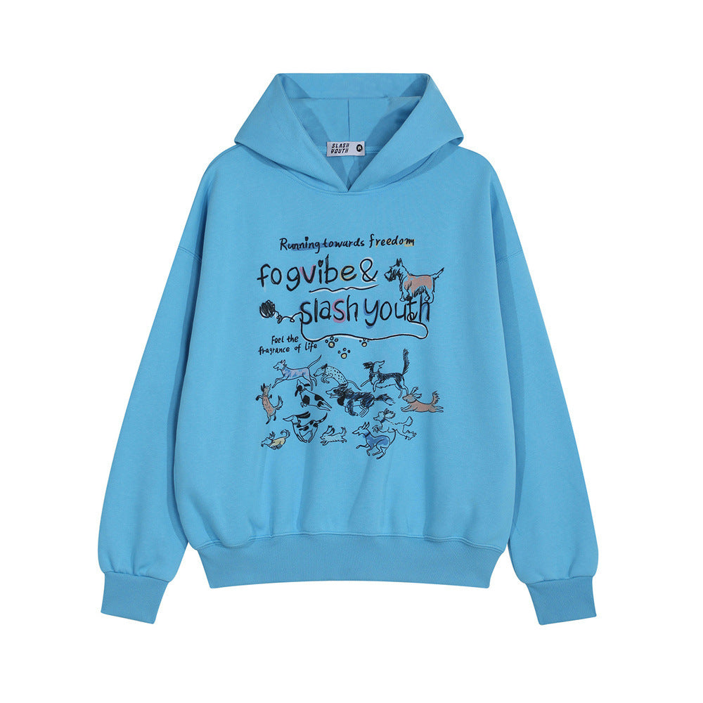 Style Men's Hoodie with Cartoon Dog Print, Casual Loose Fit Sweatshirt Outerwear Top