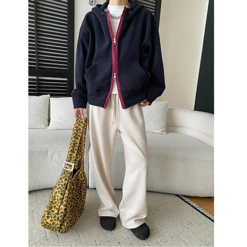 Style Casual Fashion High-End Color-Blocking Zipper Fleece Lined Hoodie Sweatshirt Jacket