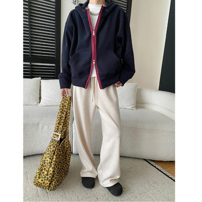 Style Casual Fashion High-End Color-Blocking Zipper Fleece Lined Hoodie Sweatshirt Jacket