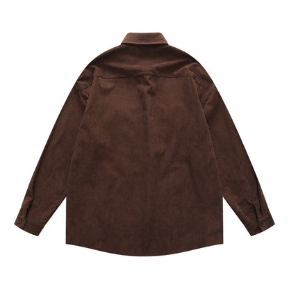 Vintage Men's Shirt, Turn-down Collar, Stripe Embroidery, Long Sleeve, Casual Loose Fit, Fashionable Outerwear Top