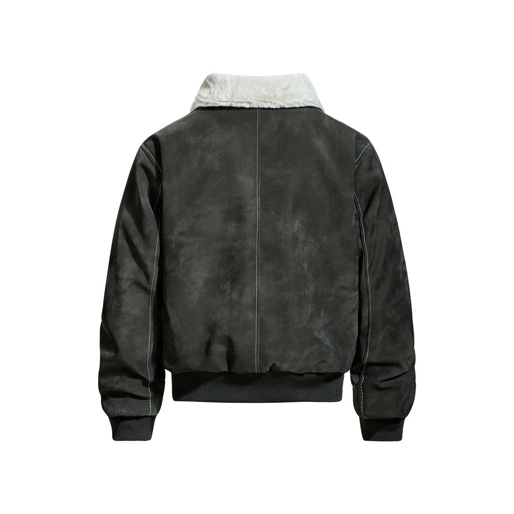 Street Style Men's Cotton Coat, Turn-Down Collar, PU Leather Panelled, Casual Loose Fit, All-Match Outerwear Jacket