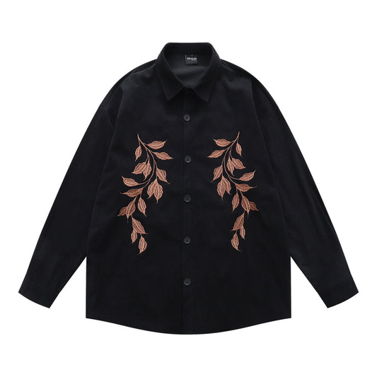 Vintage Men's Shirt, Turn-down Collar, Stripe Embroidery, Long Sleeve, Casual Loose Fit, Fashionable Outerwear Top