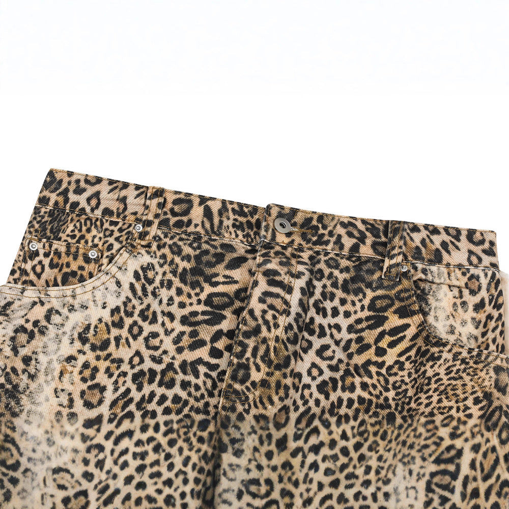 Street Style Men's Jeans with Leopard Print Patchwork, Casual Loose Fit Wide Leg Long Pants