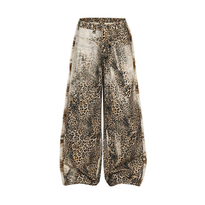 Street Style Men's Jeans with Leopard Print Patchwork, Casual Loose Fit Wide Leg Long Pants