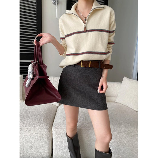 Smart Casual Color-Blocking Stripe Half-Zip Polo Neck Knit Sweater
