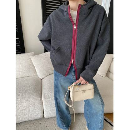 Style Casual Fashion High-End Color-Blocking Zipper Fleece Lined Hoodie Sweatshirt Jacket