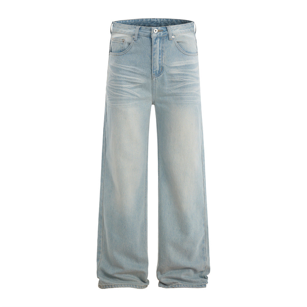 Street Style Men's Straight Leg Jeans with Faded and Catwhisker Wash, Loose Fit, Trendy Casual Denim Pants