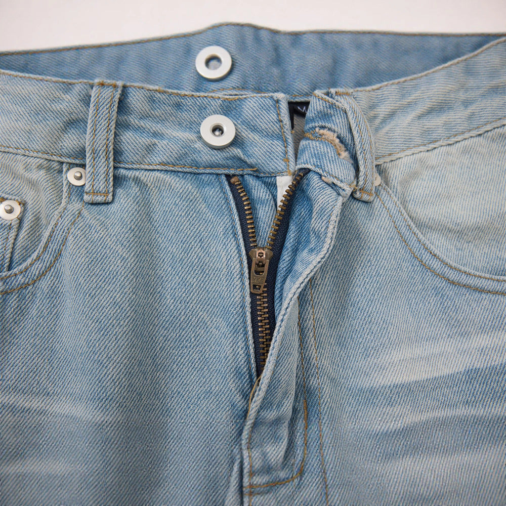 Street Style Men's Straight Leg Jeans with Faded and Catwhisker Wash, Loose Fit, Trendy Casual Denim Pants