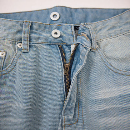 Street Style Men's Straight Leg Jeans with Faded and Catwhisker Wash, Loose Fit, Trendy Casual Denim Pants