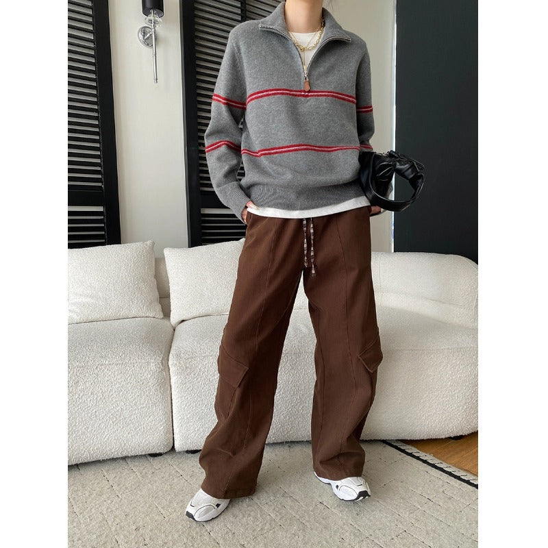 Smart Casual Color-Blocking Stripe Half-Zip Polo Neck Knit Sweater