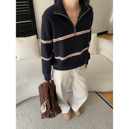 Smart Casual Color-Blocking Stripe Half-Zip Polo Neck Knit Sweater