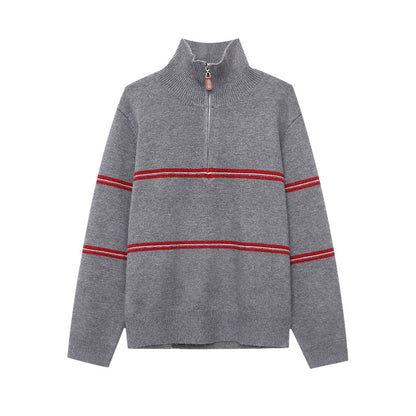 Smart Casual Color-Blocking Stripe Half-Zip Polo Neck Knit Sweater