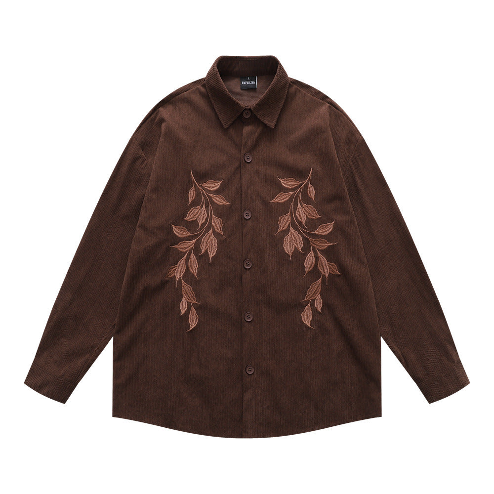 Vintage Men's Shirt, Turn-down Collar, Stripe Embroidery, Long Sleeve, Casual Loose Fit, Fashionable Outerwear Top