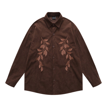 Vintage Men's Shirt, Turn-down Collar, Stripe Embroidery, Long Sleeve, Casual Loose Fit, Fashionable Outerwear Top