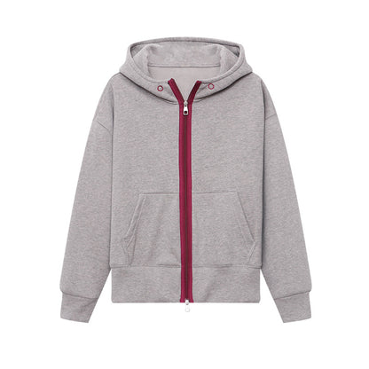 Style Casual Fashion High-End Color-Blocking Zipper Fleece Lined Hoodie Sweatshirt Jacket