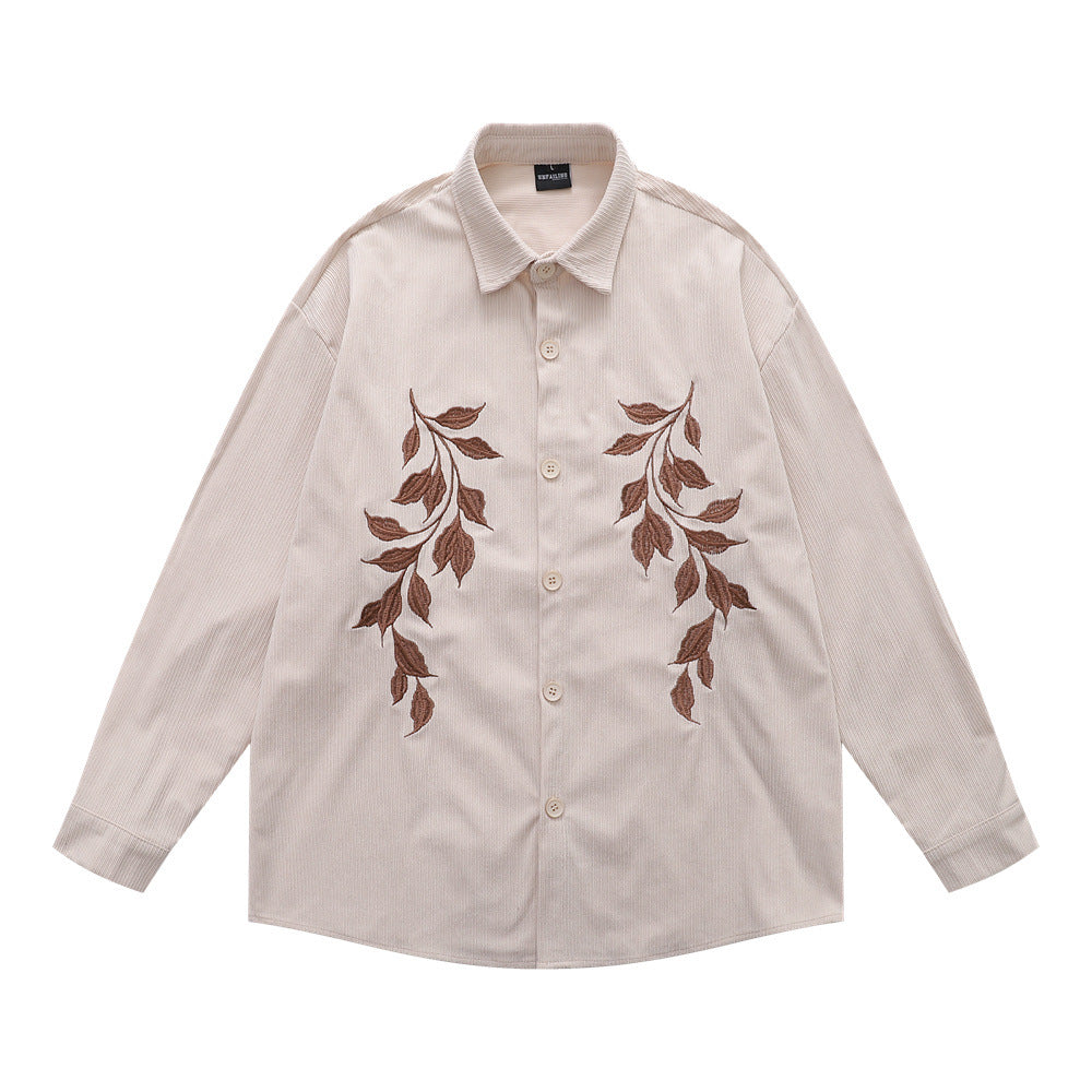 Vintage Men's Shirt, Turn-down Collar, Stripe Embroidery, Long Sleeve, Casual Loose Fit, Fashionable Outerwear Top