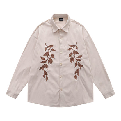 Vintage Men's Shirt, Turn-down Collar, Stripe Embroidery, Long Sleeve, Casual Loose Fit, Fashionable Outerwear Top