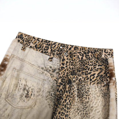 Street Style Men's Jeans with Leopard Print Patchwork, Casual Loose Fit Wide Leg Long Pants