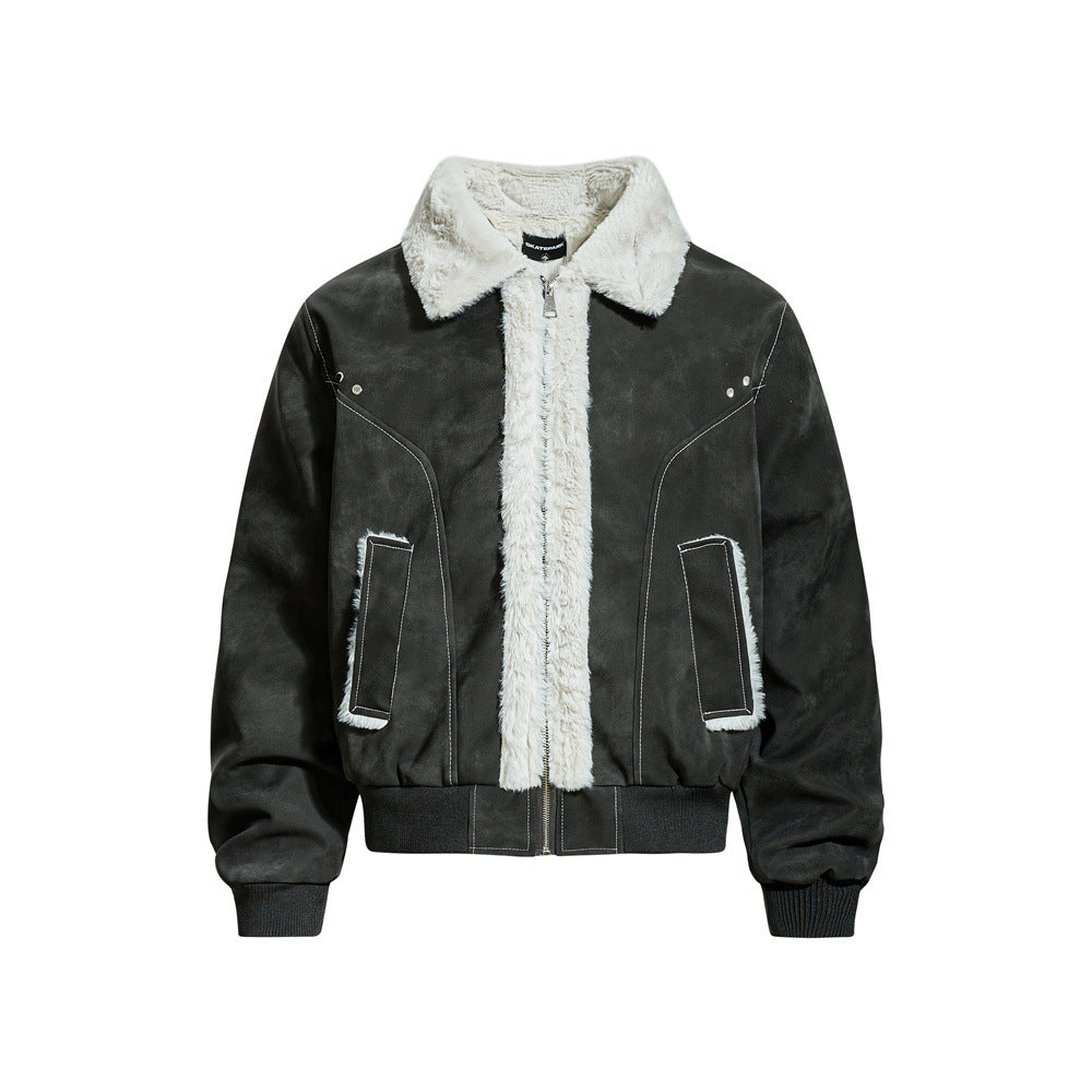 Street Style Men's Cotton Coat, Turn-Down Collar, PU Leather Panelled, Casual Loose Fit, All-Match Outerwear Jacket